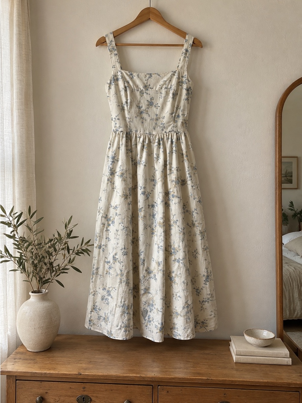 Cream Floral Midi Dress with Blue Print - Sleeveless Square Neck